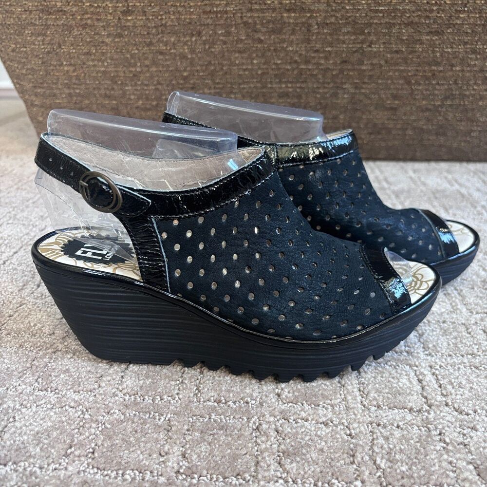 Fly London Yile Leather Wedge Sandals Open Toe Women's 38 US 7-7.5 Black Artsy.